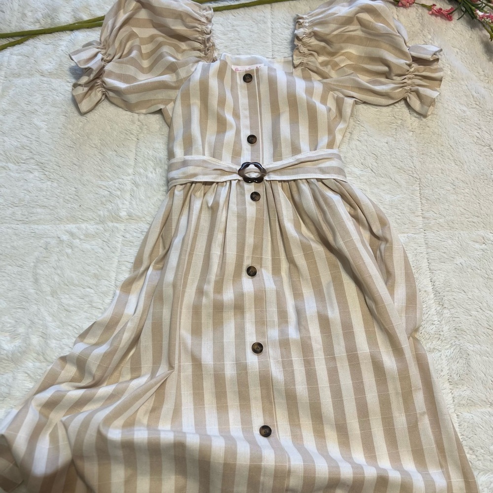 Bonnie Jean Beige Striped Puff Sleeve Dress